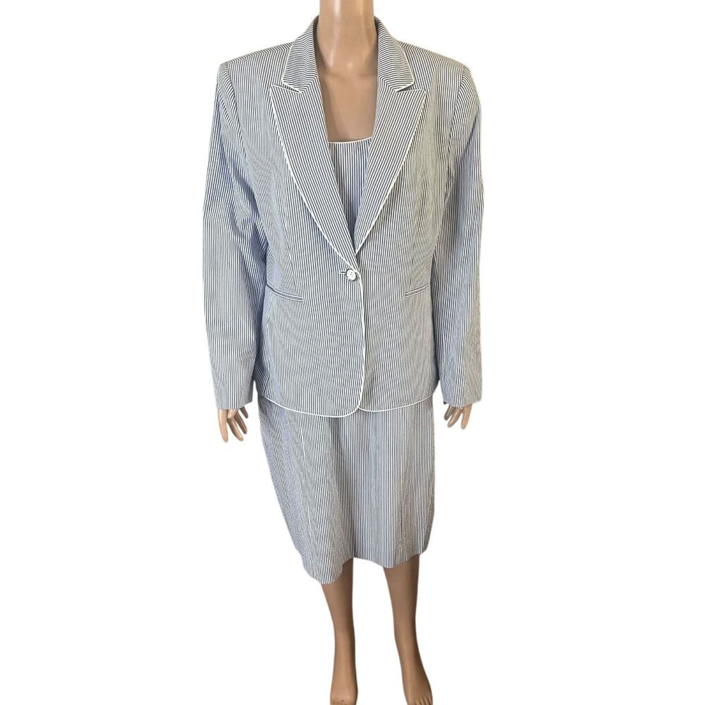 Tahari Arthur S. Levine Blue & White Striped Two-Piece Blazer Dress Set Size 16